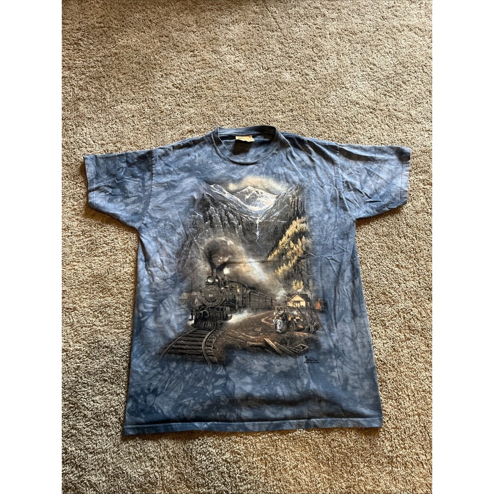 Vintage The Mountain T Shirt Men L Train Engine Ted Blaylock 1999 Blue Tie Dye